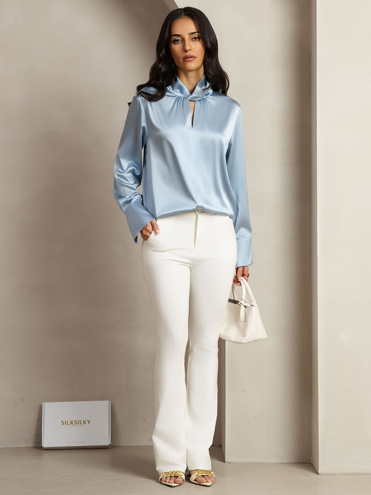 [Gråblå] SilkSilky-NO 19Momme Silke Womens Shirt 010