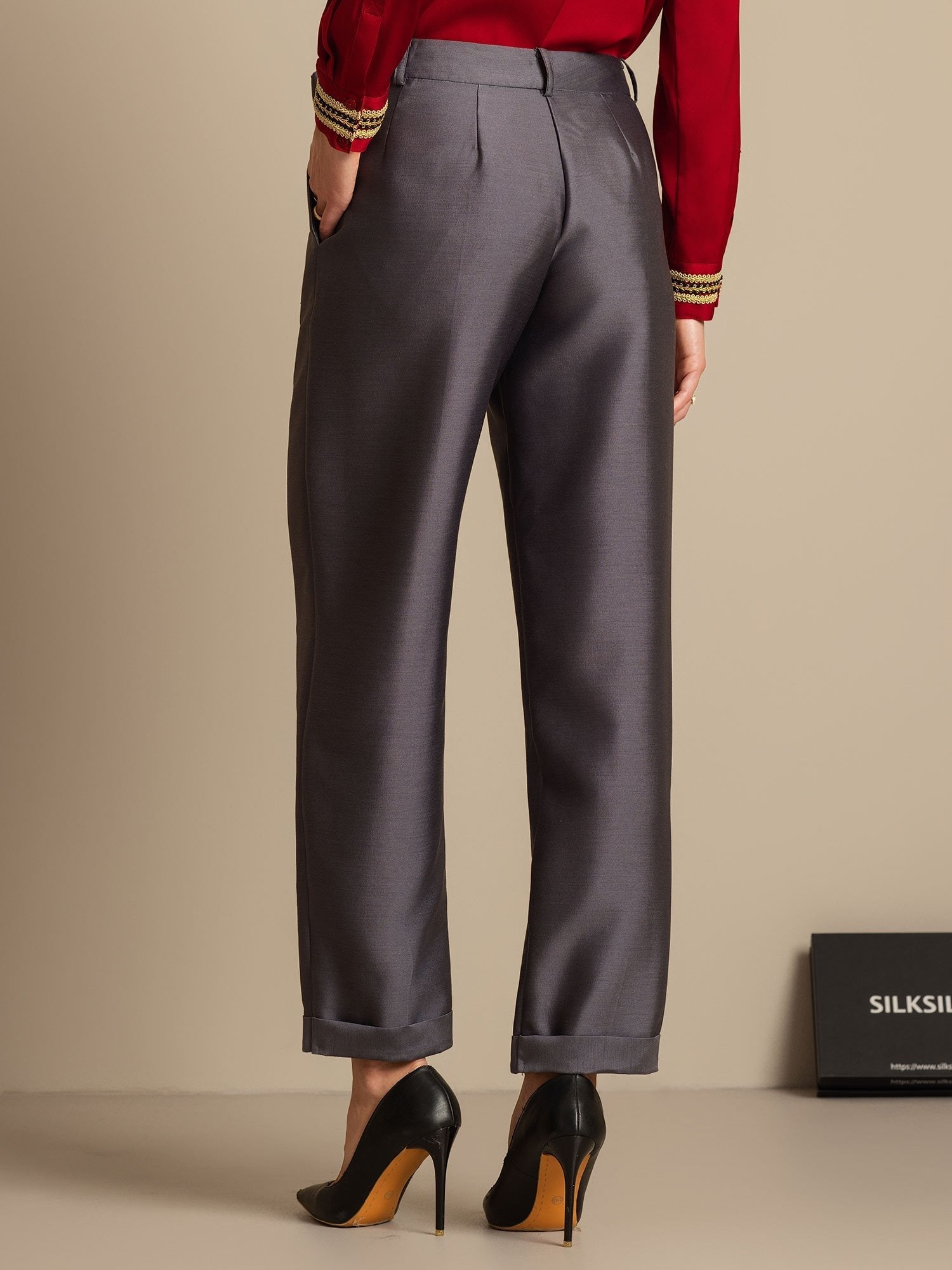 [Grå] SilkSilky-NO 32Momme Silk-Wool Blend Womens Pants 002,