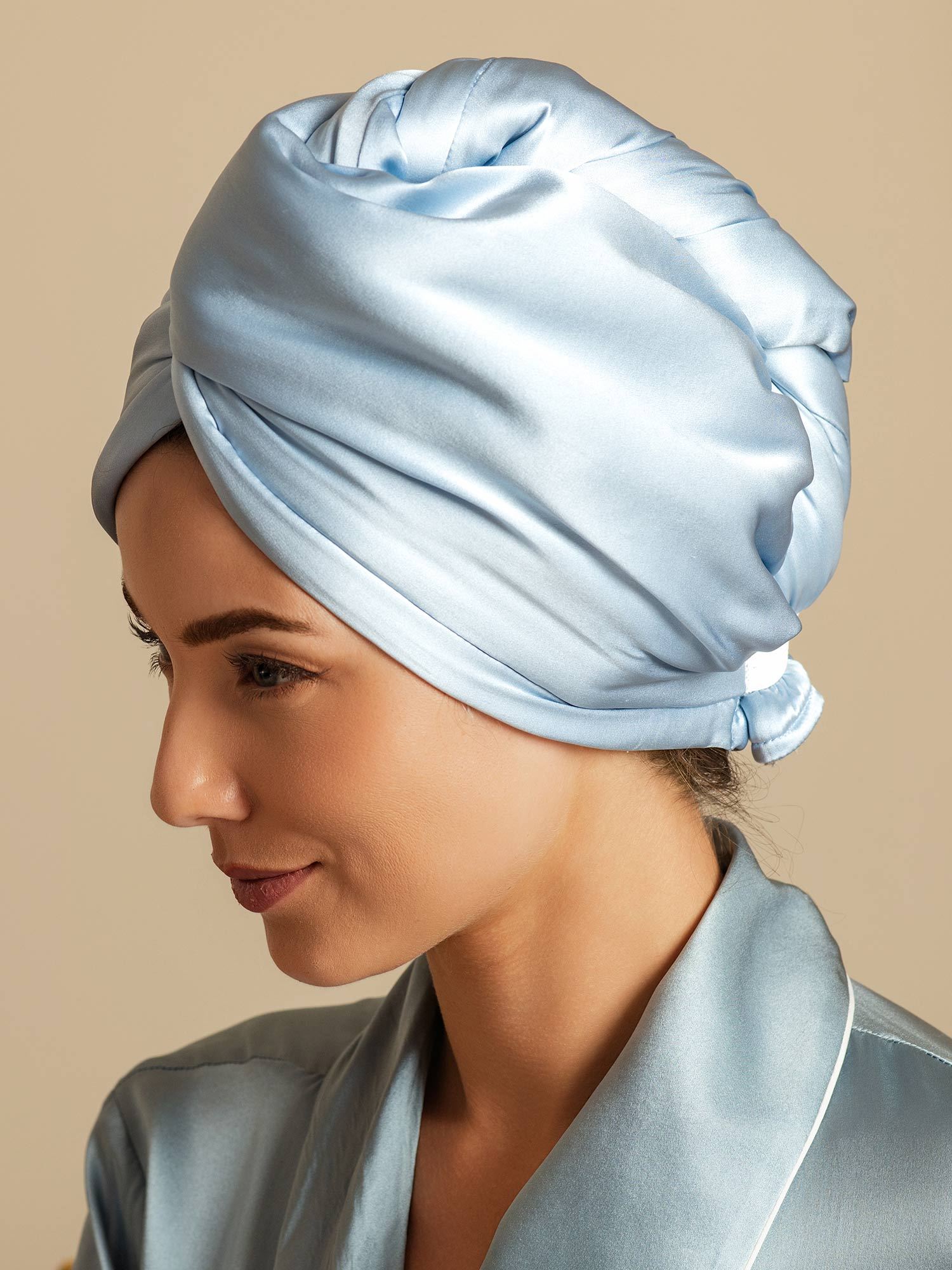 [Himmelblå] SilkSilky-NO Silke Hair Towel Wrap 004,