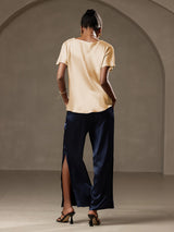 [Champagne] SilkSilky-NO 19Momme Kort erm Båtringning T-skjorte for Kvinner 009