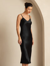 [Svart] SilkSilky-NO Spaghetti Strap V Neck Kjole 003