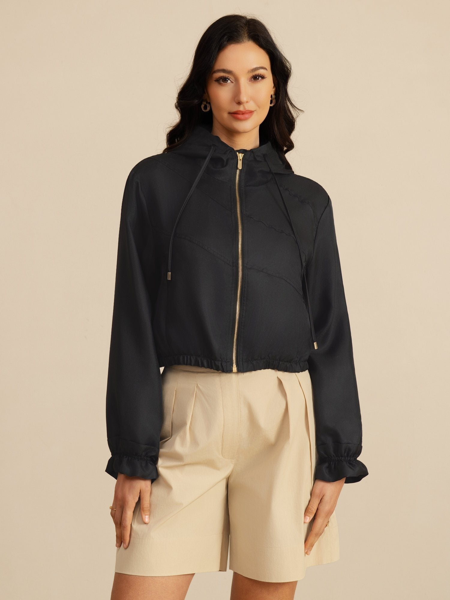 [Svart] SilkSilky-NO 18Momme Langermet Høy Hals Yttertøy for Kvinner 001