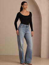 [Svart] SilkSilky-NO Long Sleeve U-hals T-skjorte for Kvinner 006
