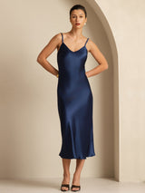 [Mørke blå] SilkSilky-NO Spaghetti Strap V Neck Kjole 003