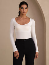 [Hvit] SilkSilky-NO Long Sleeve U-hals T-skjorte for Kvinner 001