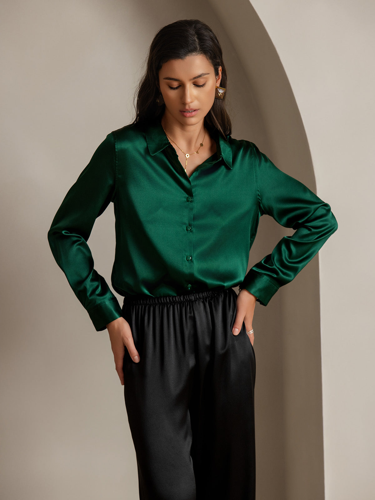 SilkSilky  Silk Blend Long Sleeve Collar Women's Shirt DarkGreen 003