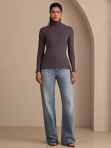 [Mørkegrå] SilkSilky-NO Long Sleeve Turtle Neck T-skjorte for Kvinner 005