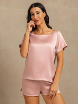[Ferskenhud] SilkSilky-NO 19Momme Kort erm Rund Hals Pyjamas for Kvinner 004