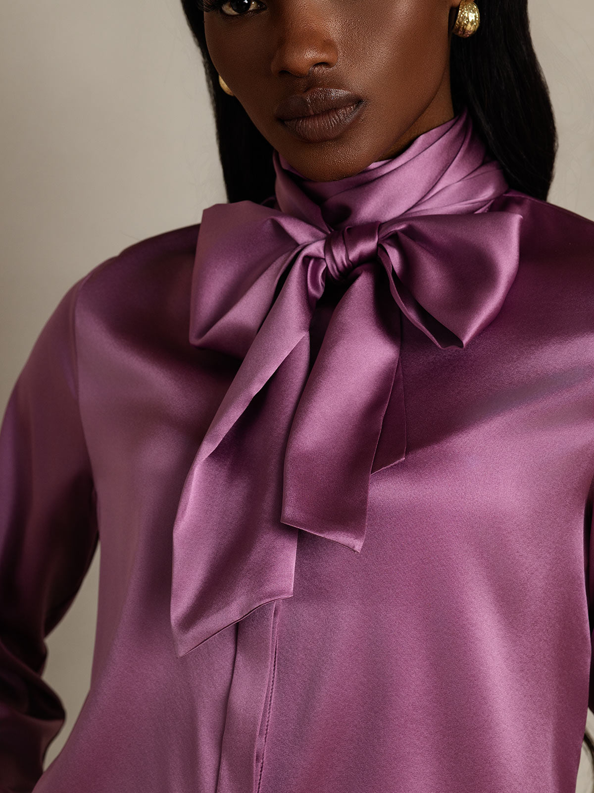 [Mørklilla] SilkSilky-NO 19Momme Silke Long Sleeve Tie Neck Skjorte for Kvinner 009