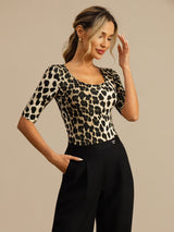 [Leopard] SilkSilky-NO Halv erme Dyp Rund Halsutringning T-skjorte for Kvinner 005