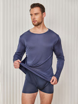 [Mørke blå] SilkSilky-NO Long Sleeve Round Neck T-skjorte for Menn 004