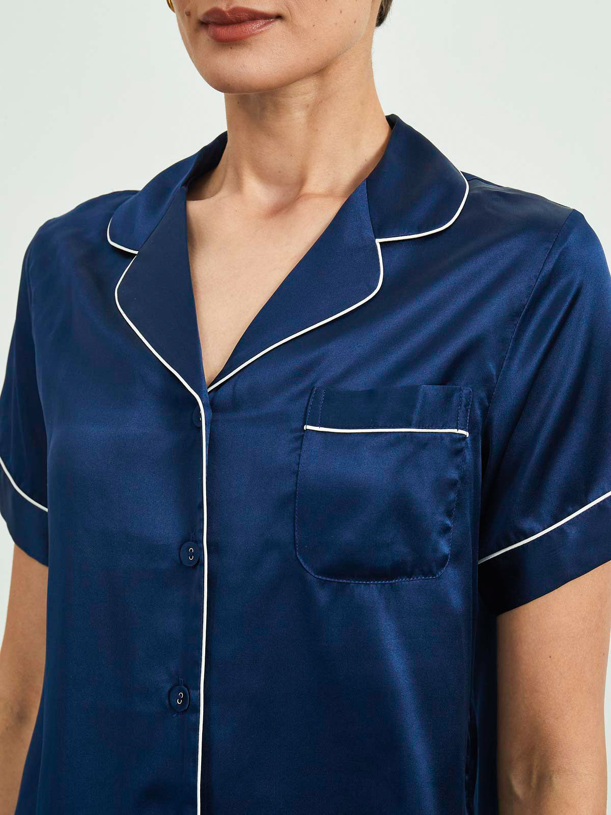 SilkSilky  22Momme Pure Silk Short Sleeve Lapel Women's Pajamas DarkBlue 004