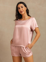[Ferskenhud] SilkSilky-NO 19Momme Kort erm Rund Hals Pyjamas for Kvinner 001