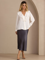 [Hvit] SilkSilky-NO Long Sleeve Deep V Neck Damebluser 005