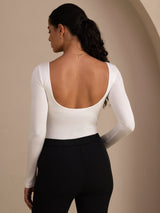 [Hvit] SilkSilky-NO Long Sleeve U-hals T-skjorte for Kvinner 002