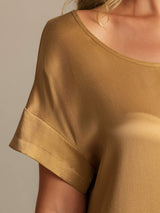 [Tan] SilkSilky-NO 19Momme Kort erm Rund Hals Nattkjole 004