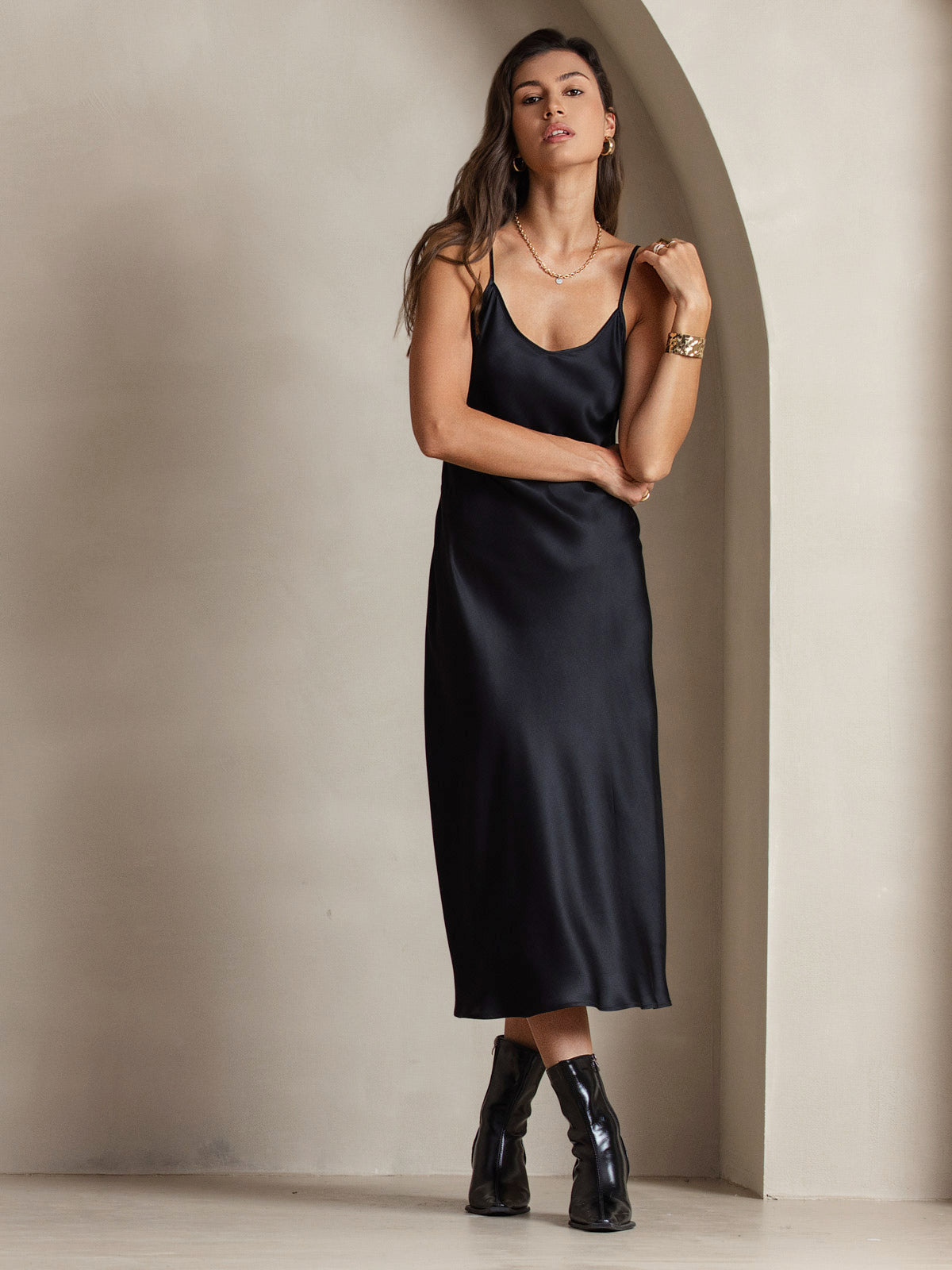 [Svart] SilkSilky-NO Pure Silk Sleeveless Round Neck Kjole 005