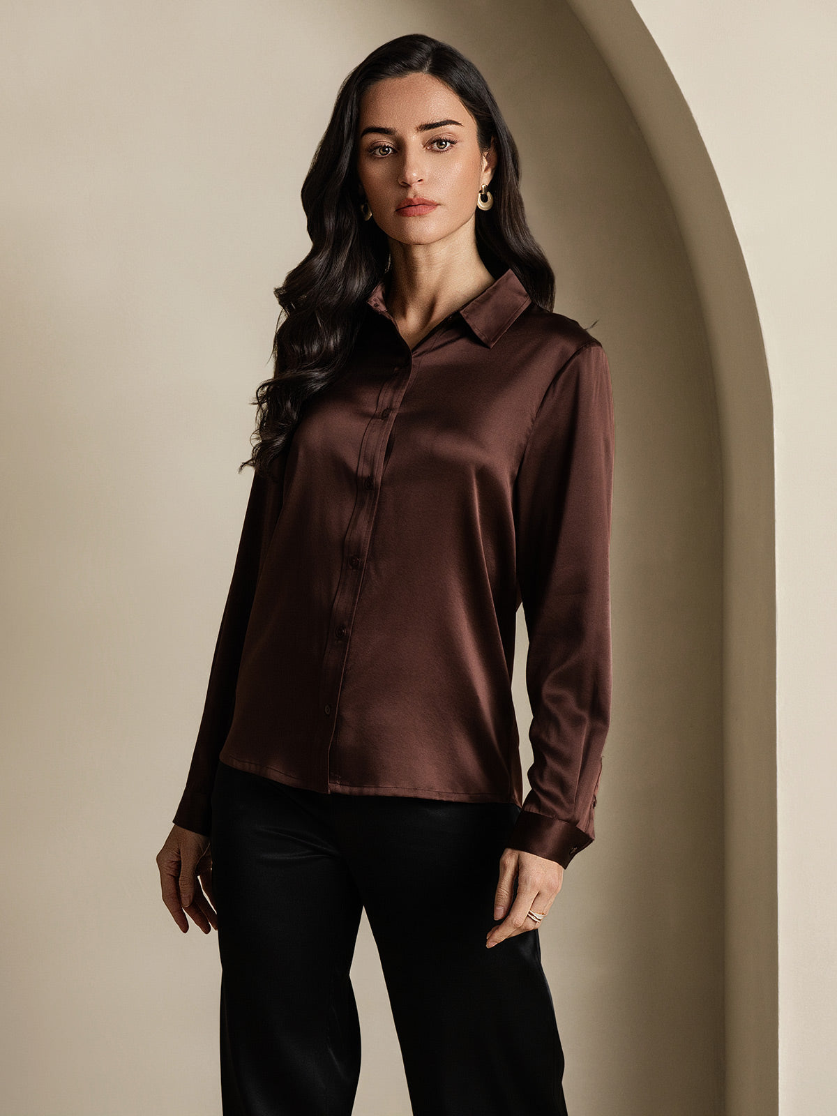 SilkSilky-NO 19Momme Womens Shirt Kaffe 003