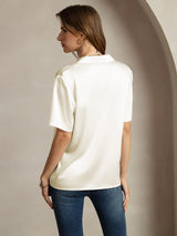 [Elfenbein] SilkSilky-NO Short Sleeve Lapel Collar Skjorte for Kvinner 002