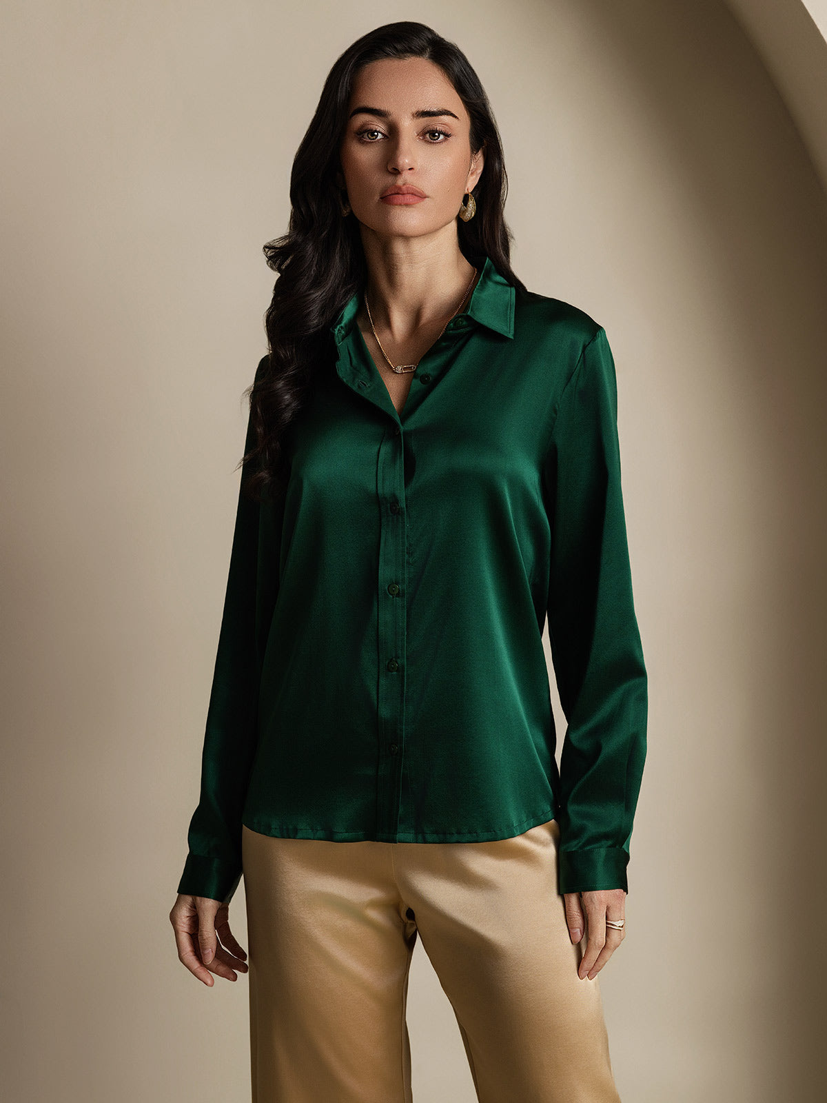 SilkSilky-NO 19Momme Silke Womens Shirt MørkGrønn 004