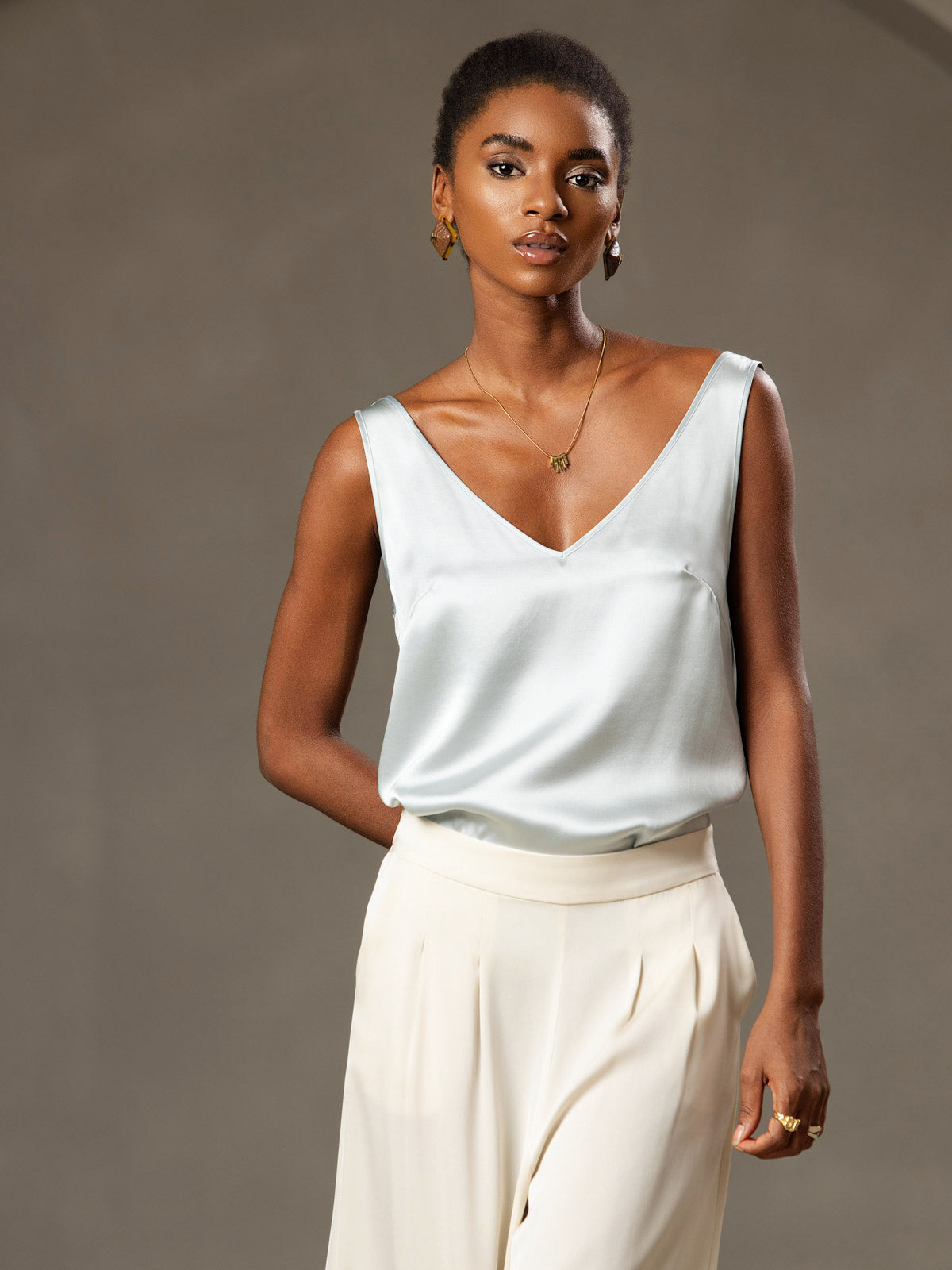 [Lyse Blå] SilkSilky-NO 19Momme Silke V-Hals Camisole Topp 003