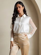 [Hvit] SilkSilky-NO Long Sleeve Lapel Collar Skjorte for Kvinner 001