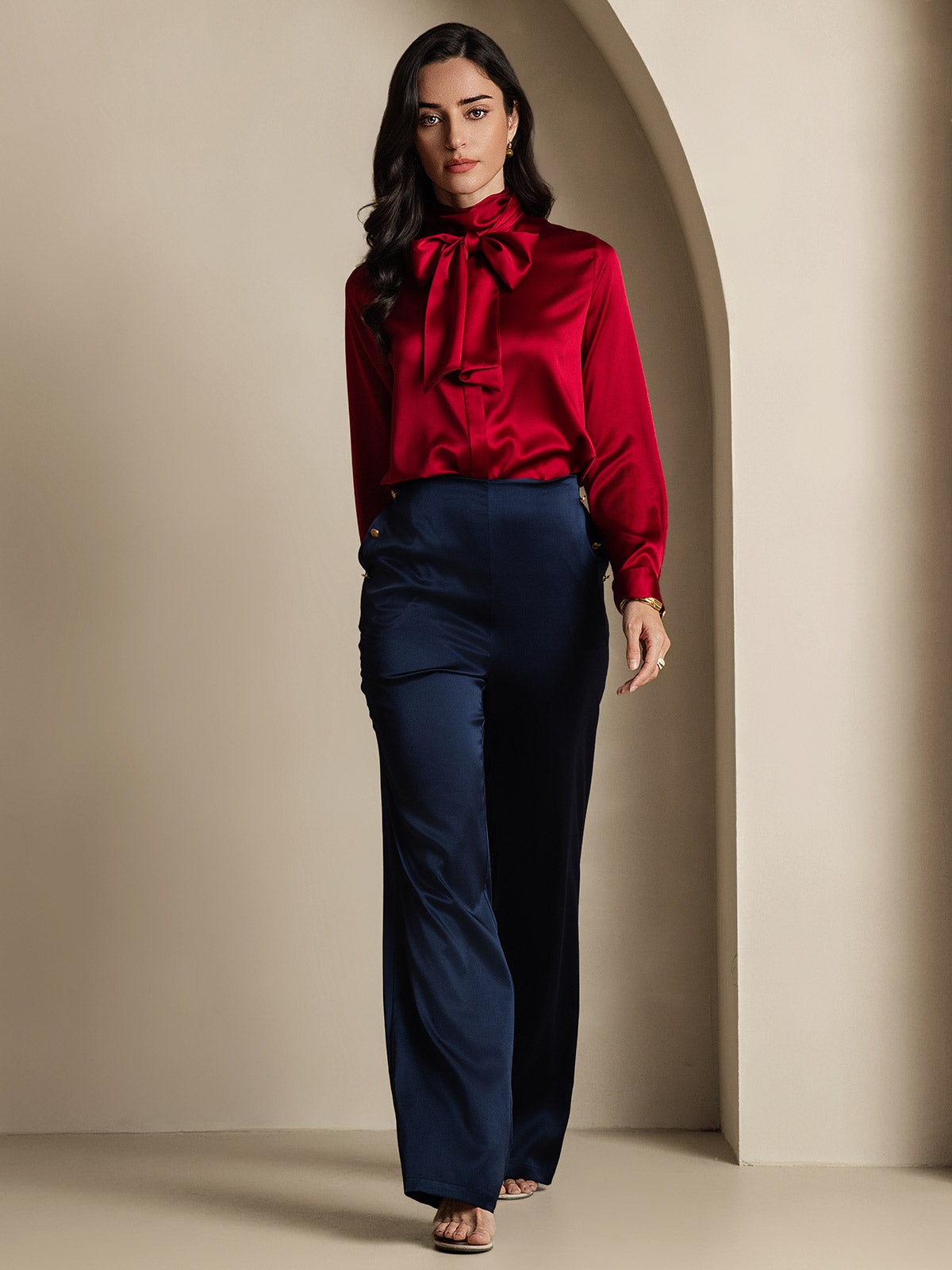 [Vin] SilkSilky-NO 19Momme Silke Long Sleeve Tie Neck Skjorte for Kvinner 011