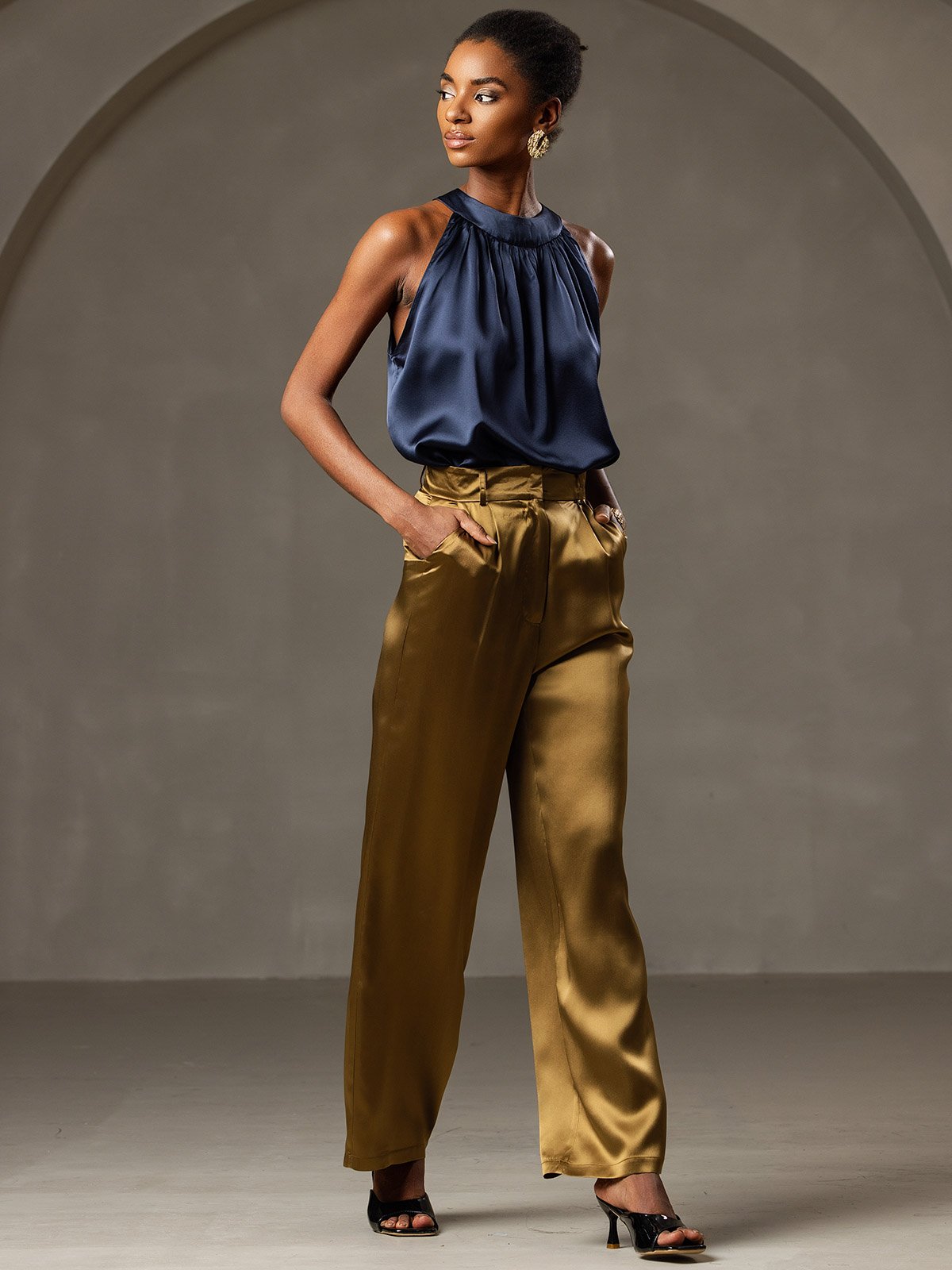 [Mørke blå] SilkSilky-NO 19Momme Silke Womens T-Shirt 006