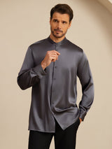 [Mørkegrå] SilkSilky-NO Long Sleeve Stand Collar Skjorte for Menn 004