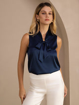 [Mørke blå] SilkSilky-NO Sleeveless Tie Neck Camisole Topp 005
