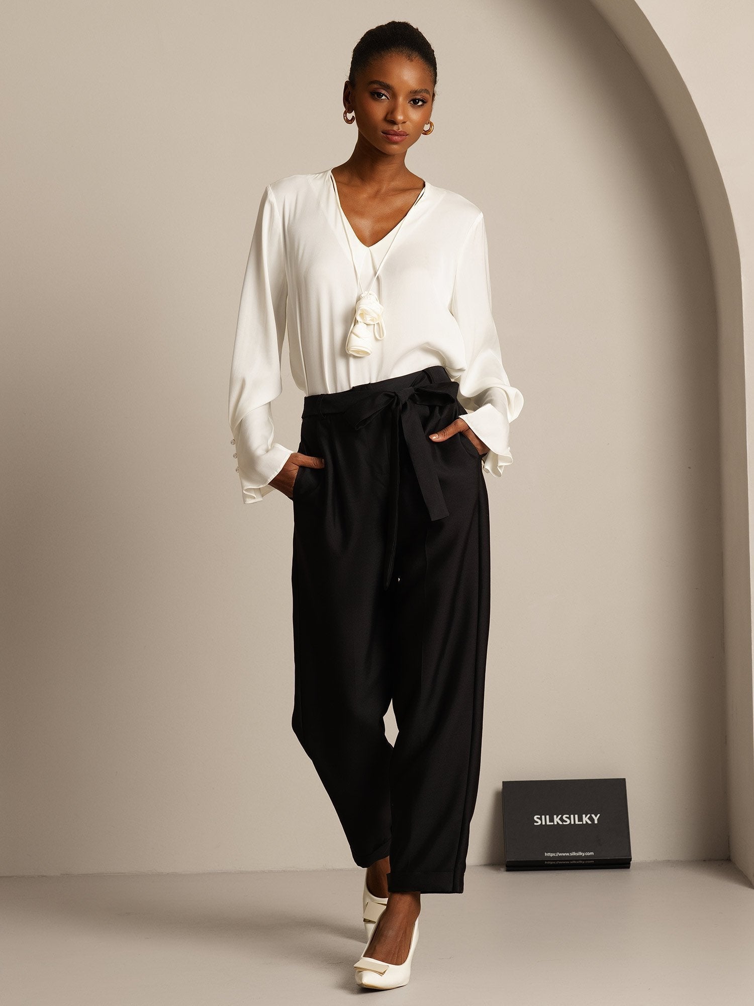 [Svart] SilkSilky-NO 32Momme Silk-Wool Blend Womens Pants 003,