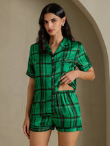 [Grønt Rutemønster] SilkSilky-NO Short Sleeve Notch Collar Pyjamas for Kvinner 004