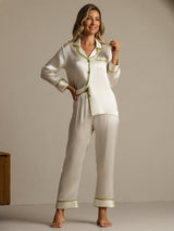 [Hvit] SilkSilky-NO Long Sleeve Lapel Collar Pyjamas for Kvinner 009