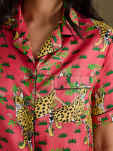 [Korallfarget Serval] SilkSilky-NO Short Sleeve Notch Collar Pyjamas for Kvinner 006