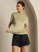 [Tørket Urte] SilkSilky-NO 100% Silk Jersey Short Sleeve Falsk Krage T-skjorte for Kvinner 003