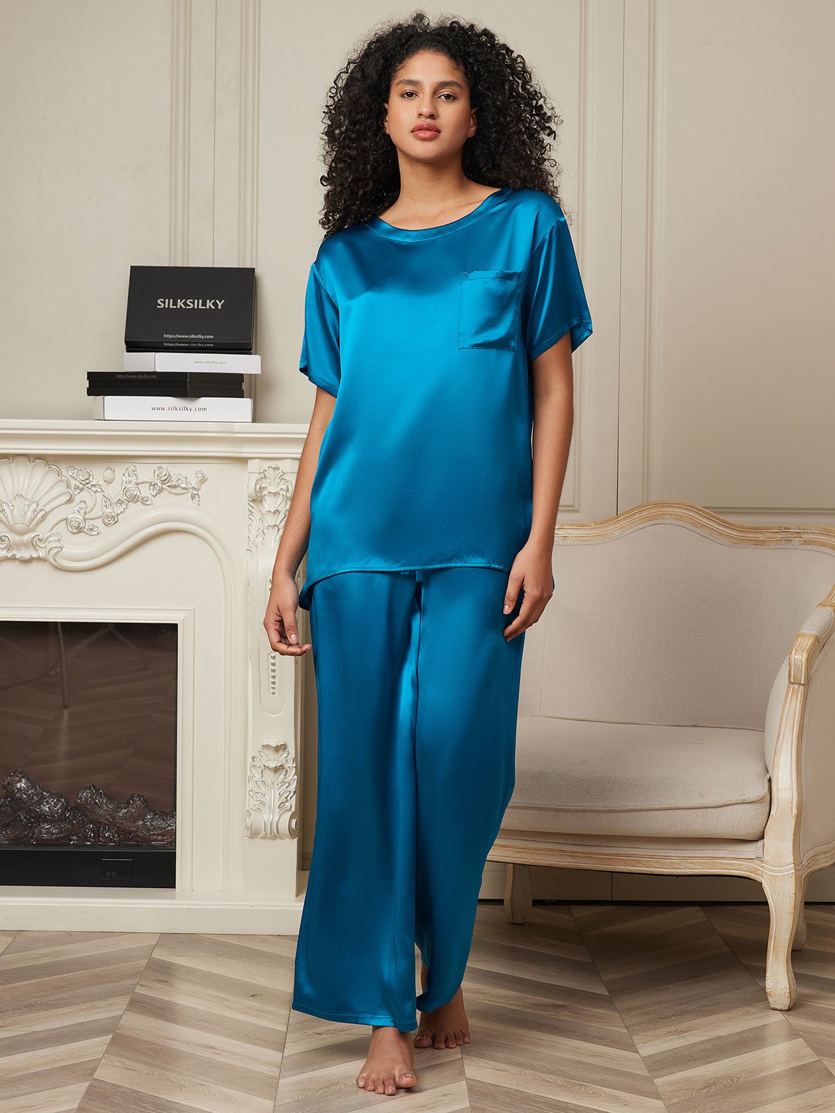 SilkSilky US Pure Silk Short Sleeve Womens Pajamas Teal 004