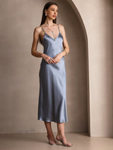[Gråblå] SilkSilky-NO Spaghetti Strap V Neck Kjole 004