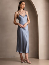 [Gråblå] SilkSilky-NO Spaghetti Strap V Neck Kjole 004
