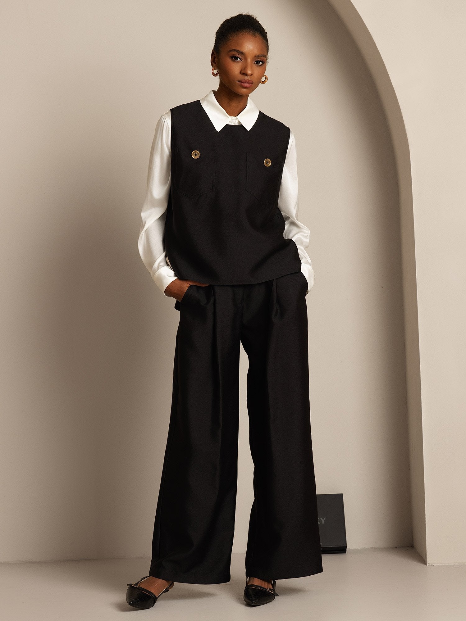 [Svart] SilkSilky-NO 32Momme Silk-Wool Blend Womens Vest 003,