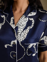 [Marineblå Gepard] SilkSilky-NO Short Sleeve Notch Collar Pyjamas for Kvinner 006