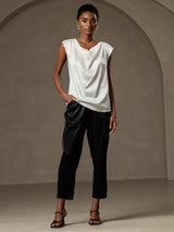 [Hvit] SilkSilky-NO Cap Sleeve Cowl Neck T-skjorte for Kvinner 004