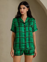 [Grønt Rutemønster] SilkSilky-NO Short Sleeve Notch Collar Pyjamas for Kvinner 001