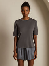 [Grå] SilkSilky-NO Halv erme Crew Neck T-skjorte for Kvinner 003