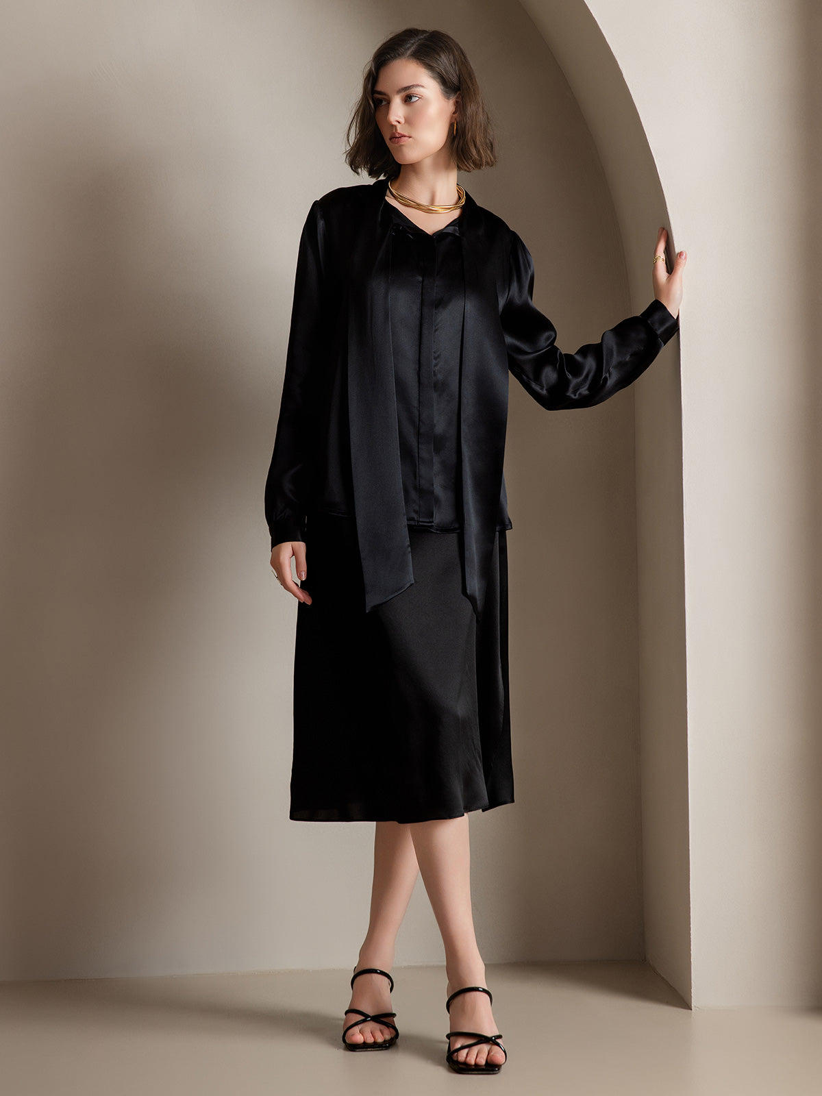 [Svart] SilkSilky-NO 19Momme Silke Long Sleeve Tie Neck Skjorte for Kvinner 007