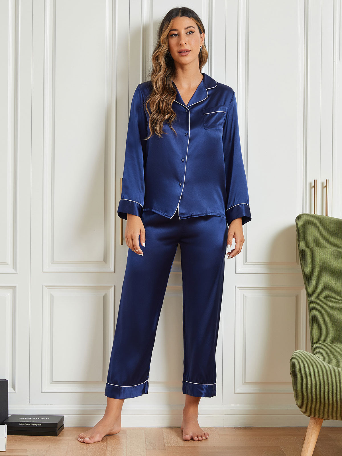 [Mørke blå] SilkSilky-NO Pure Silk Long Sleeve Lapel Pyjamas for Kvinner 001