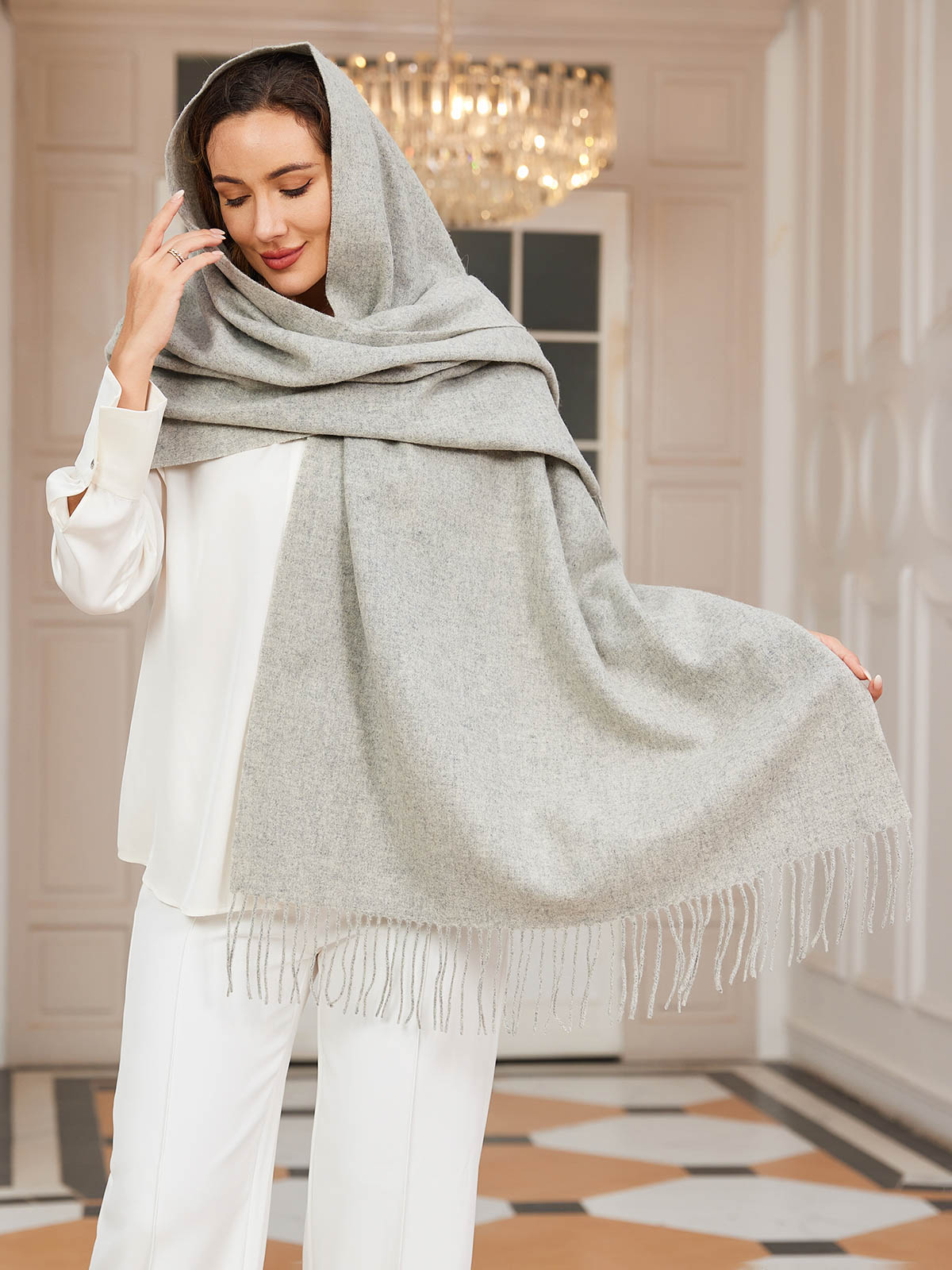 [Lysegrå] SilkSilky-NO Ull Scarf 003