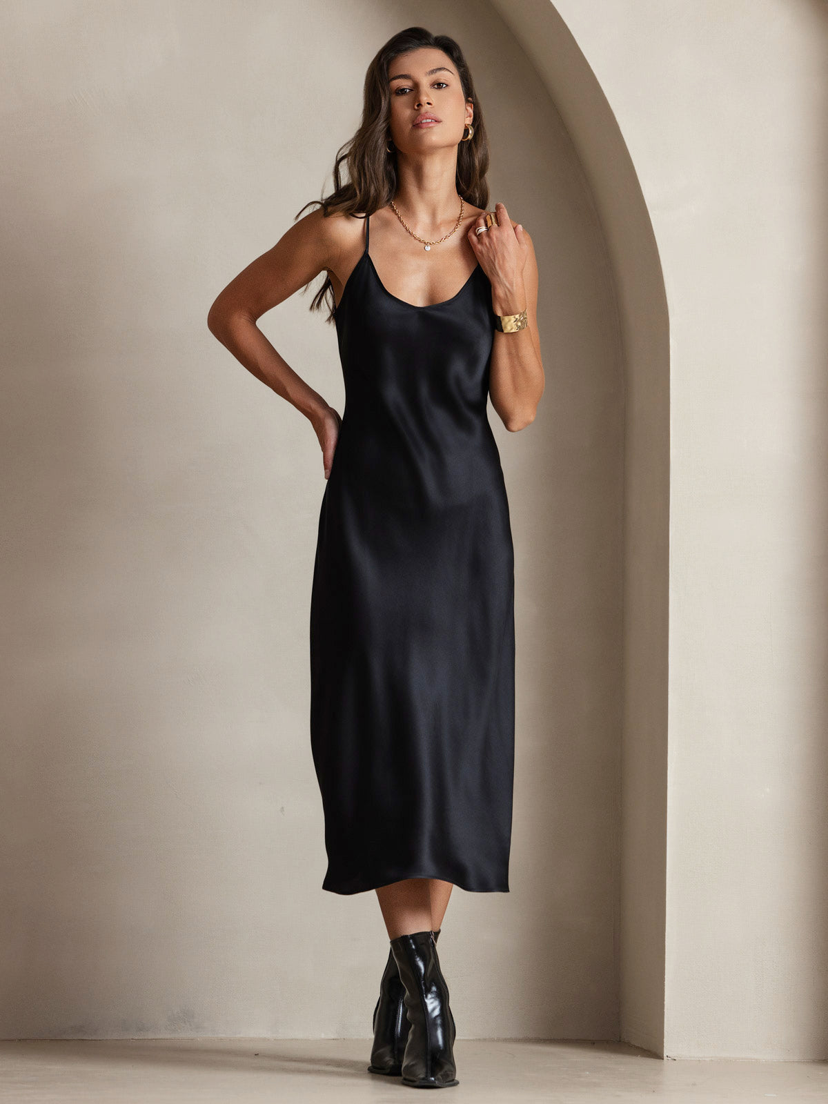 [Svart] SilkSilky-NO Pure Silk Sleeveless Round Neck Kjole 004