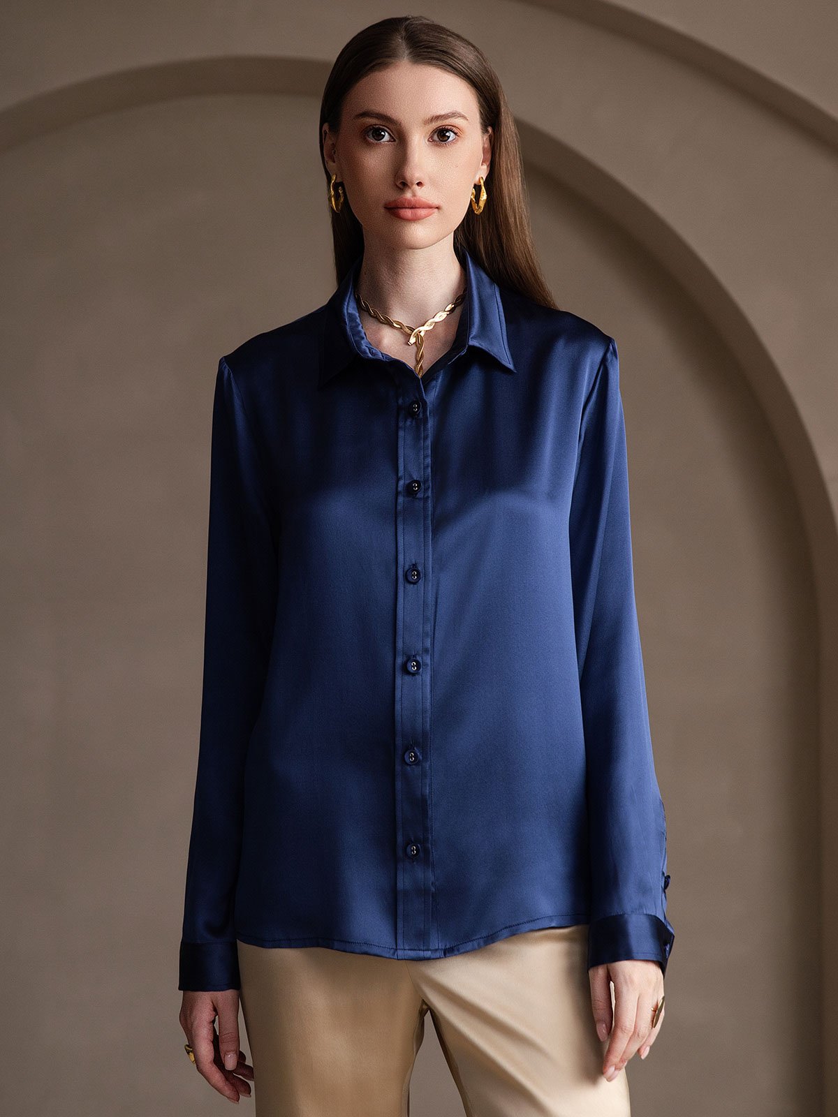 SilkSilky-NO 19Momme Silke Womens Shirt Mørkeblå 001