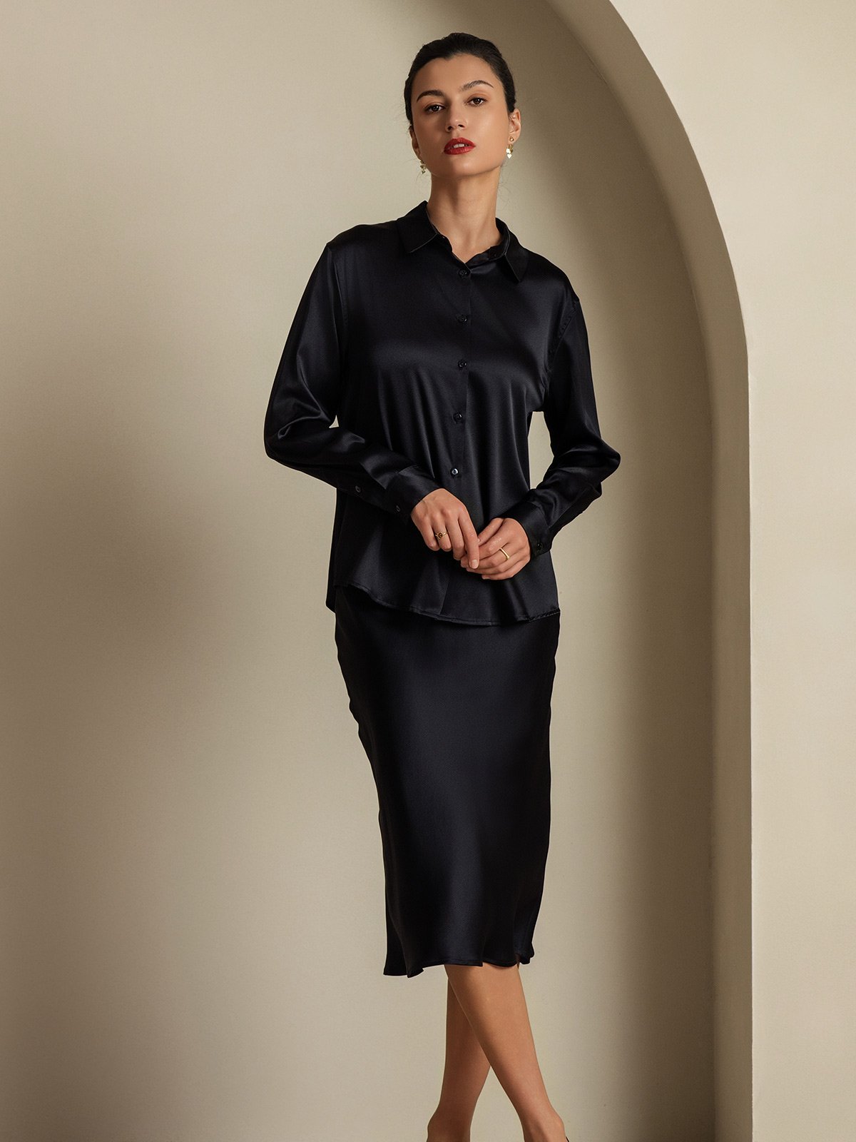 [Svart] SilkSilky-NO 19Momme Silke Womens Outfit Sets 007,