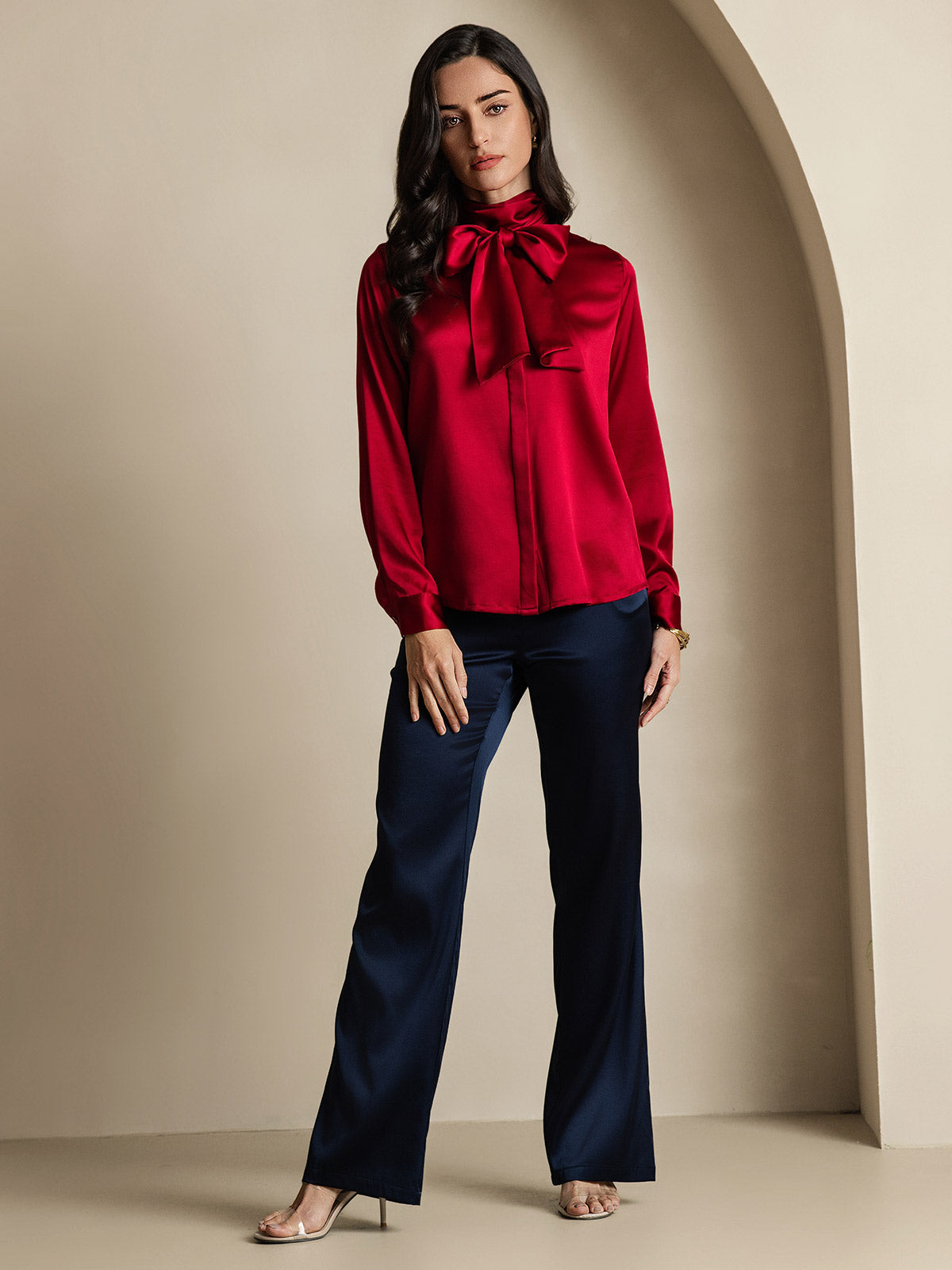[Vin] SilkSilky-NO 19Momme Silke Long Sleeve Tie Neck Skjorte for Kvinner 010